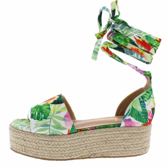 Liliana Shoes - Floral palm tree flat platform espadrille sandals